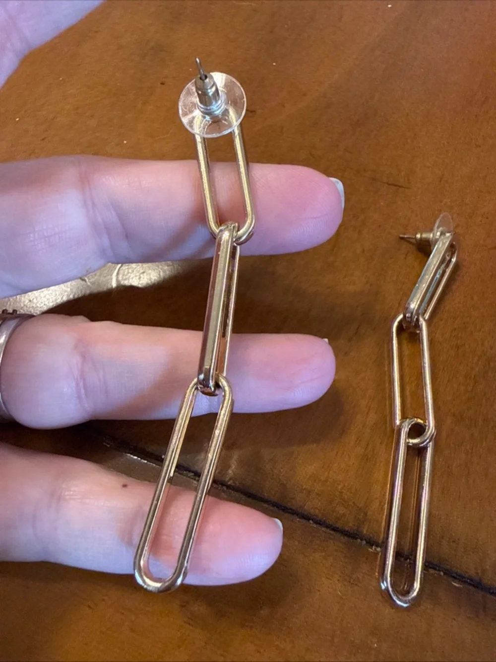 Gold Tone Paperclip Style 3 Link Post Earrings - Picture 3 of 5